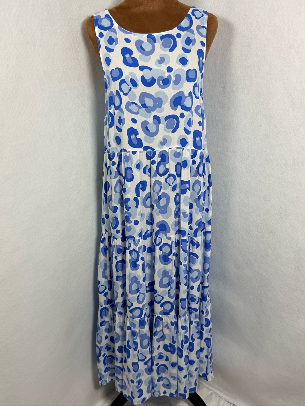 Cottagecore Tiered Blue Leopard Print Small Maxi Dress Viscose - Picture 3 of 10